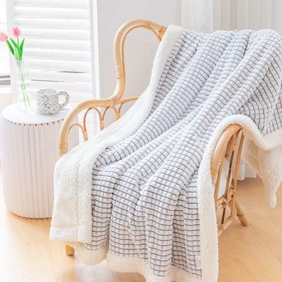 50"x 60" Luxury PLAID Embossed SHERPA Ultra Plush Velour Throw GREY WHITE Alesia C.