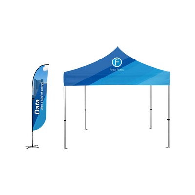 10x10' Standard Canopy Kit w Deluxe Steel Frame, Dye Sub Canopy & 12' Double-sided Feather Flag