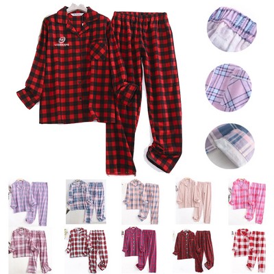100% Cotton Flannel Plaid Pajamas Set For Women