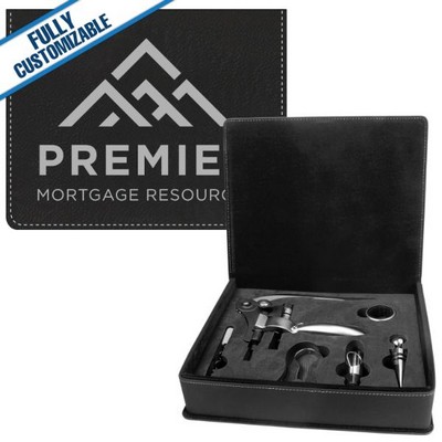 Black & Silver Leatherette - 5-Piece Wine Tool Gift Set