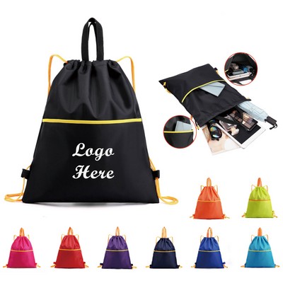 420D Waterproof Drawstring Bag with Front Zipper Pocket