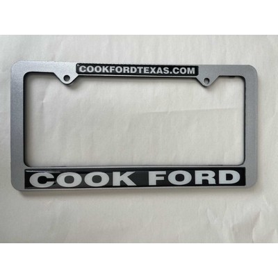 Black Plastic Full Metal Jacket Signature Laminate License Plate Frame w/White Vinyl Material